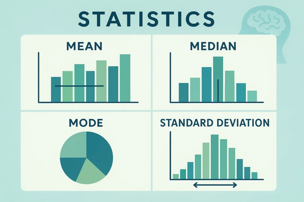 Graphs showing mean, median, mode in psychology research