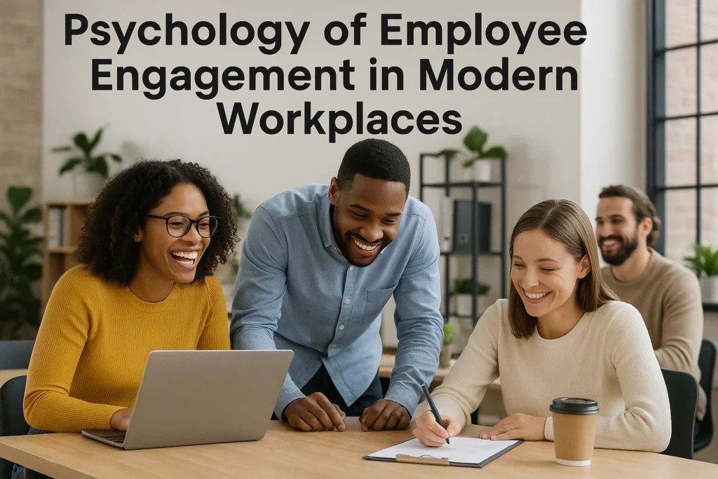 employees collaborating in an open, modern office with positive energy, teamwork, and shared focus on goals