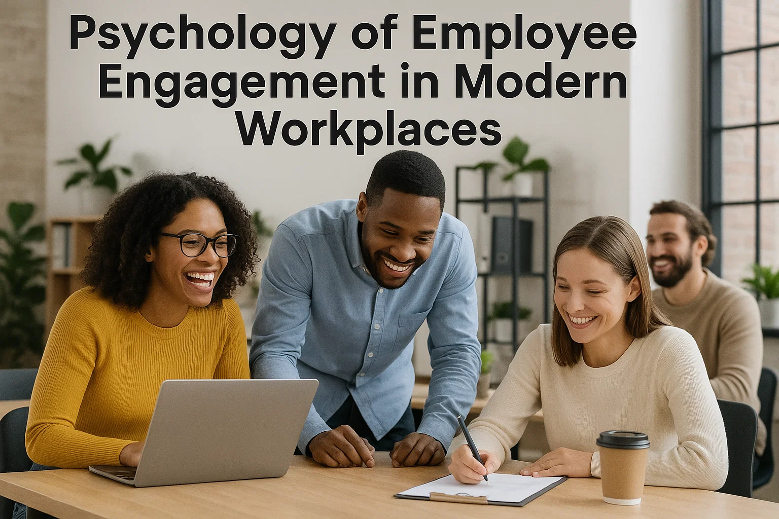 employees collaborating in an open, modern office with positive energy, teamwork, and shared focus on goals