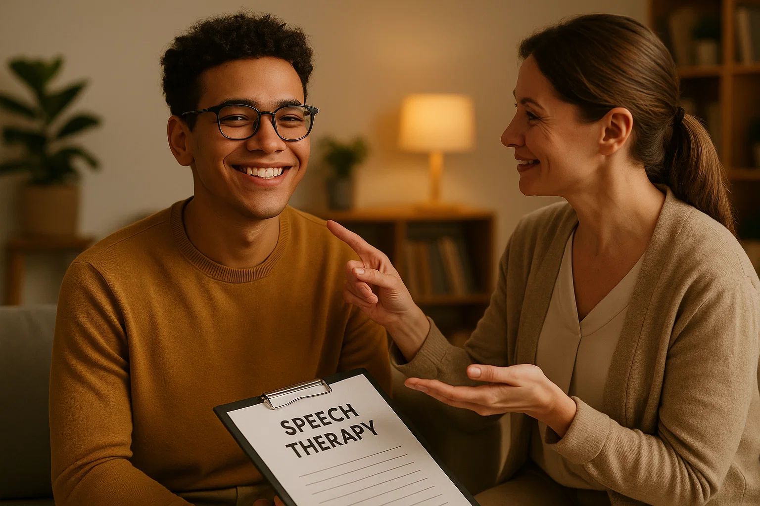 Person overcoming speech disorder in therapy session with confidence