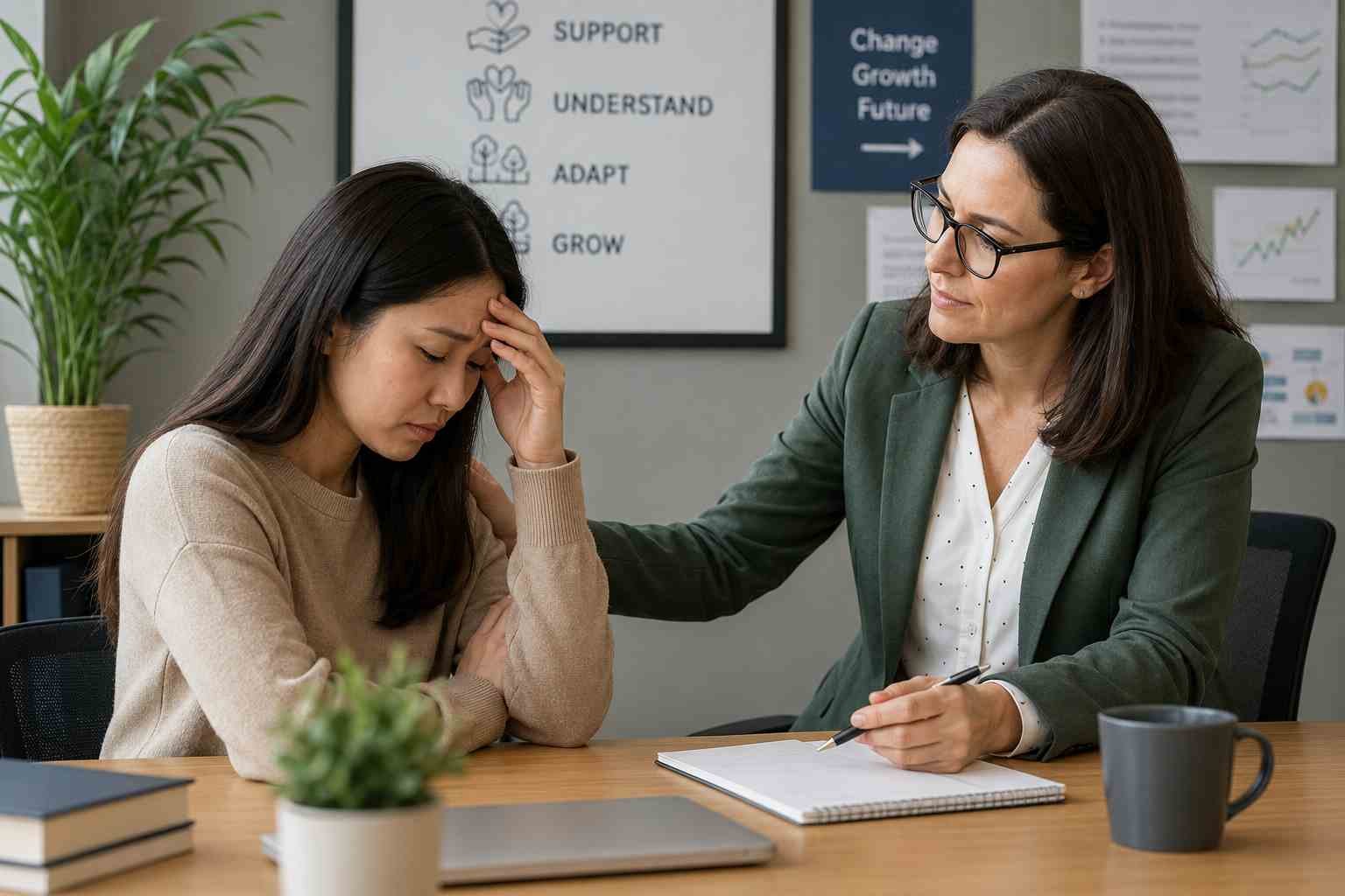 Manager helping employee during workplace change